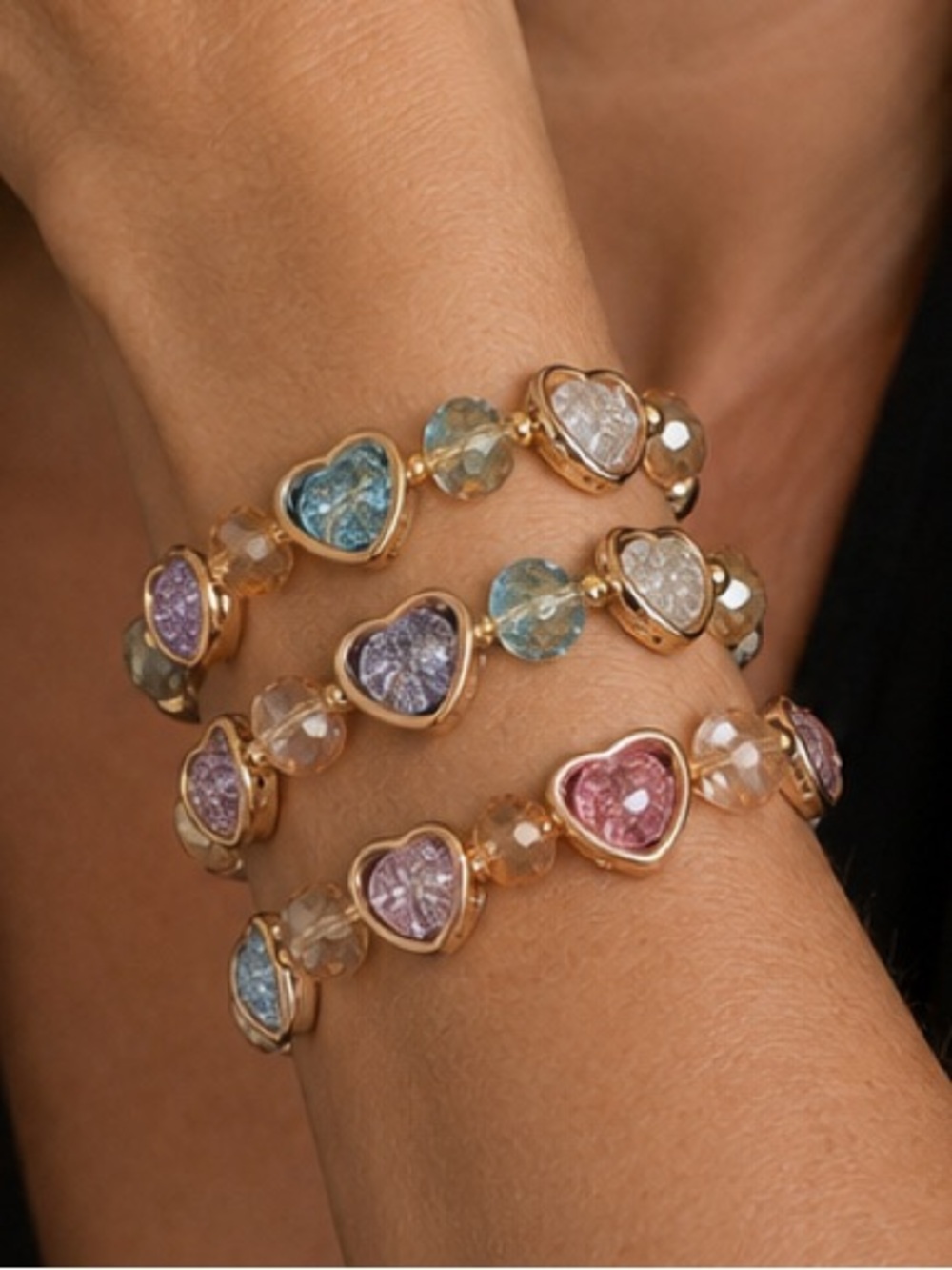 Set of 3 Gold-Tone Multi-Heart Cracked Beads Bracelet